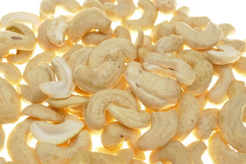 Cashew nuts isolated on a white background. Cashew nut background.Useful fats. vegan bio product.