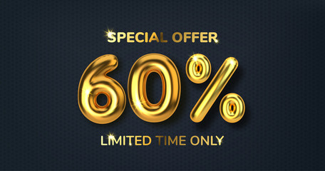 60 off discount promotion sale made of realistic 3d gold balloons. Number in the form of golden balloons. Template for products, advertizing, web banners, leaflets, certificates and postcards. Vector