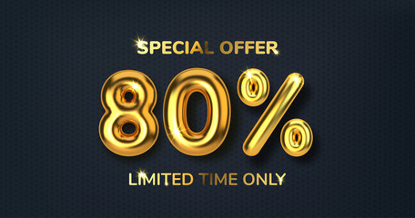 80 off discount promotion sale made of realistic 3d gold balloons. Number in the form of golden balloons. Template for products, advertizing, web banners, leaflets, certificates and postcards. Vector