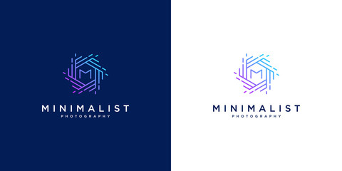 minimalist logo design photography. abstract focus lens design and initials M.