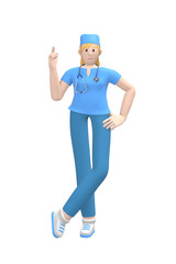 Medical character young white female doctor index finger up. The concept of attention, danger, is important. Cartoon person isolated on a white background. 3D rendering.