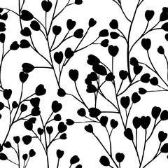 Black silhouette seamless pattern hand drawn tree branches with leaves botanical flowers floral hand drawn scandinavian style art design element flat vector illustration