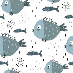 Behang onderzeese naadloze patroon met cartoon vis, decorelementen. Kleurrijke vector plat voor kinderen. handtekening. babyontwerp voor stof, print, wikkel, textiel © Ann1988