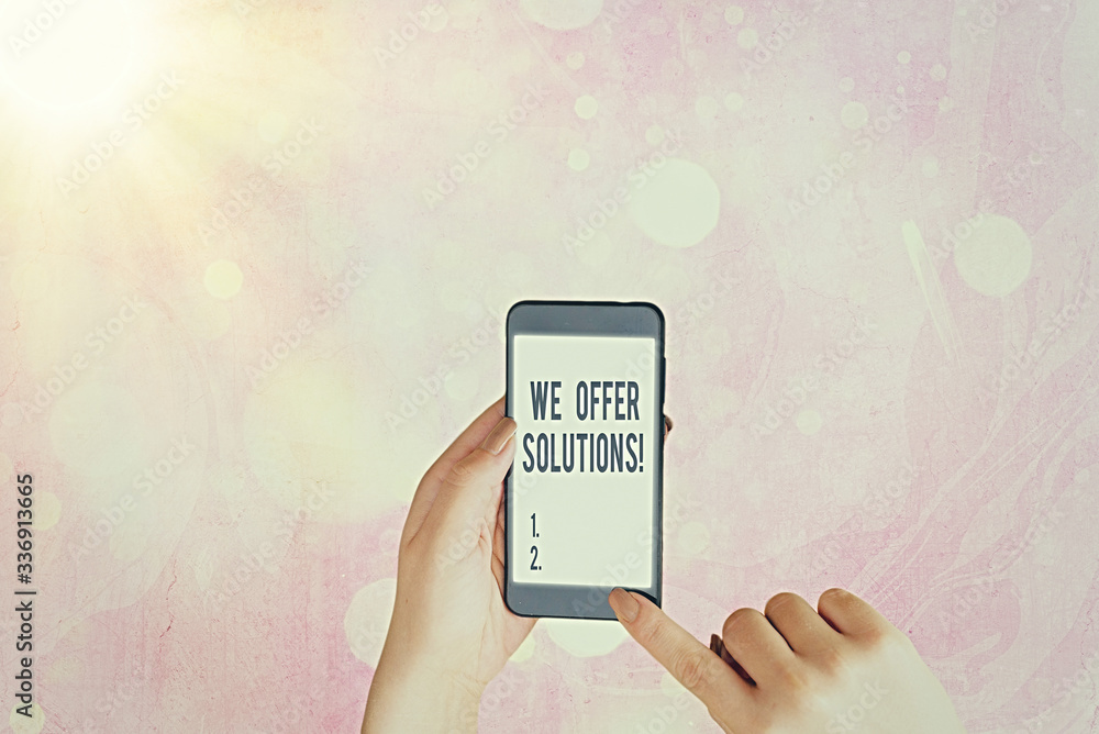 Poster writing note showing we offer solutions. business concept for way to solve problem or deal with diff