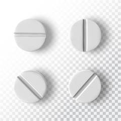 3d realistic white medical pill, top view. Design template of pills, capsules for graphics,mockup. Vector illustration.