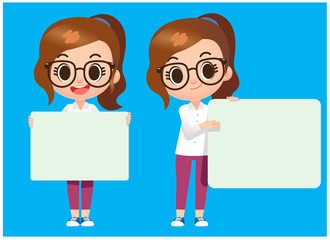 Vector cute eyeglasses girl character holding empty template for your text, message