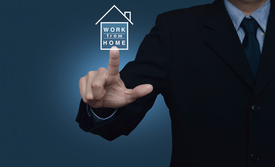 Businessman pressing work from home flat icon over gradient light blue background, Business social distancing concept