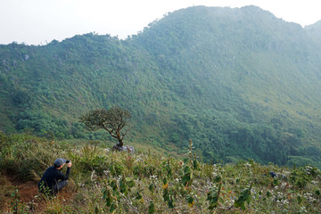 A man on the peak taking a photo of green mountain range with cloudy sky