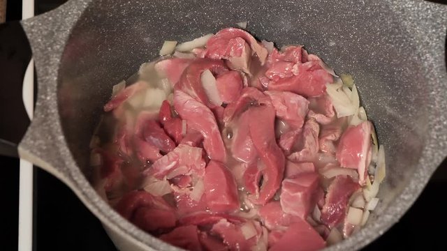 Meat beef cut into small pieces fried in a pan with smoke, close-up
