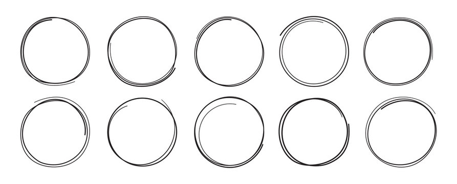 8 hand drawn scribble circles set isolated on transparent background doodle vector illustration. Pencil or pen round circle for notes marks draft.