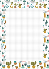 Cartoon home plants and succulents, printable page a4 size. Design for poster, notebook, kids book, card, cover. Baby style.