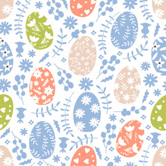 Easter seamless pattern with various colored eggs, flowers and leaves. Texture for textile, postcard, wrapping paper, packaging etc. Vector illustration.