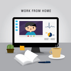 Work from home, Business team using laptop for online meeting in conference video call. People at home in quarantine. Character Cartoon Vector illustration