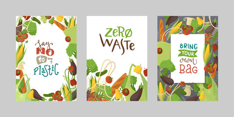 Veggies in recyclable packages vector banners set