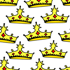 Doodle crowns seamless pattern. Hand drawn luxury background. Cute baby, little princess or royal design for childrens room, posters, celebration. Vector illustration.