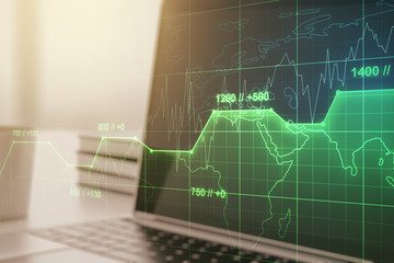 Multi exposure of abstract graphic data spreadsheet sketch on modern computer background, analytics and analysis concept