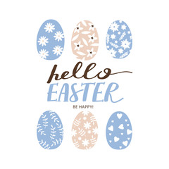 Happy Easter greeting card. Colored egg with greeting slogan 