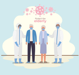 Elder woman and man with masks and doctors with protective suits against Covid 19 vector design