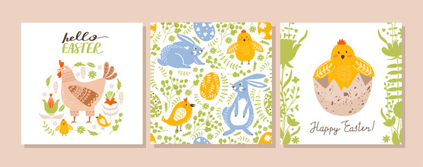 Easter set of greeting card. Cute rabbit, chicken, hen, egg, flower, leaves and lettering composition. Vector illustration for holiday card, scrapbook, invitation, poster, flyer etc.