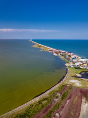 Curortnoe sea spit resort in Odessa region in Ukraine. Aerial view of beach and sea.