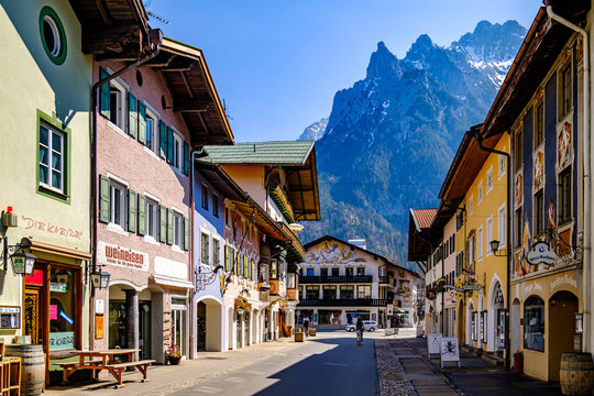 Mittenwald, Germany - April 7: famous old town with historic buildings in Mittenwald on April 7, 2020
