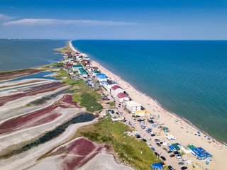 Curortnoe sea spit resort in Odessa region in Ukraine. Aerial view of beach and sea.