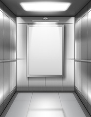 Empty elevator cabin with blank poster. Vector realistic interior of passenger or cargo lift with metal walls, handrails and white advertising billboard in office building or house