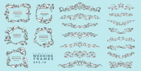 Vector Set of Vintage Classic Engraved Frames and Dividers Hand Drawn in Art Nouveau Style