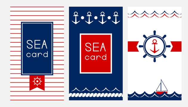 Marine cards collection. Vector vertical flyers in blue and red colors. Sea style banners.