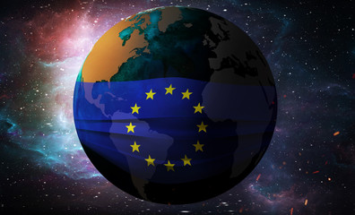 Earth Globe in a medical mask. Global epidemic of corona virus concept. EU flag. 