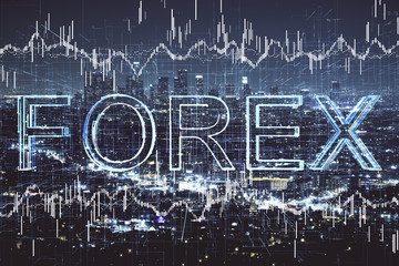 Financial graph on night city scape with tall buildings background multi exposure. Analysis concept.