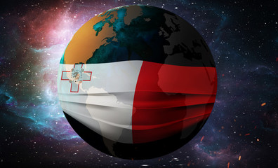 Earth Globe in a medical mask. Global epidemic of corona virus concept. Malta flag. 