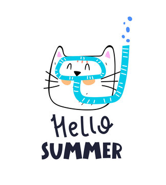 hello summer. cartoon cat in underwater mask, hand drawing lettering, decor elements. Summer colorful vector illustration, flat style. design for cards, print, posters, logo, cover