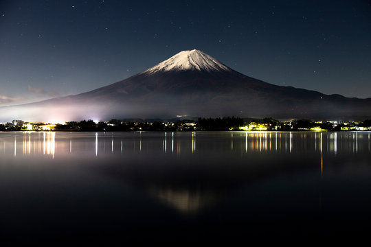 深夜の河口湖から望む富士山