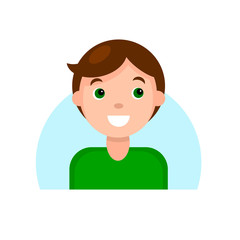 Face of a smiling brunette boy with green eyes. Cartoon portrait of a young man. Avatar character for an icon, logo, hand drawn simple flat. Stock vector illustration isolated on white background.