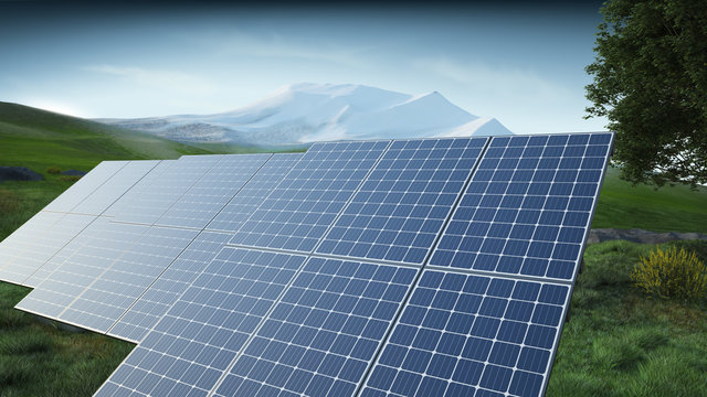 Solar panels and landscape mountain - ecology concept, 3D illustration