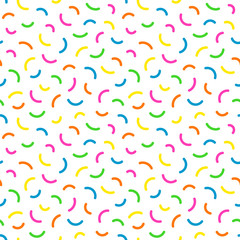 Vector seamless pattern background with bright neon colors confetti, sprinkles.