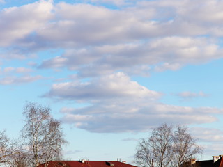 Beautiful clouds and blue sky above the tops of bare trees and red roofs of houses