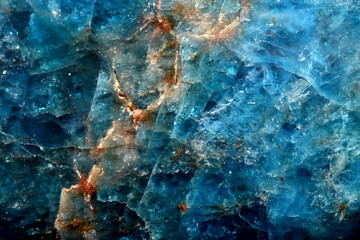 Abstract blue crystal macro background with coppery lines. Micro cosmos concept.