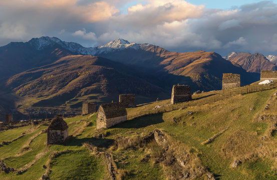 Mountain landscape and medieval architecture of North Ossetia. Shot on a drone.