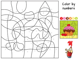 Cake. Color by numbers. Coloring book. Educational puzzle game for children. Cartoon vector illustration