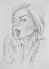 Fototapeta premium Sketch drawing sketch of a girl showing the middle finger and licking it.
