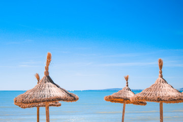 Sunbrellas in front of tropical beach on a sunny summer day