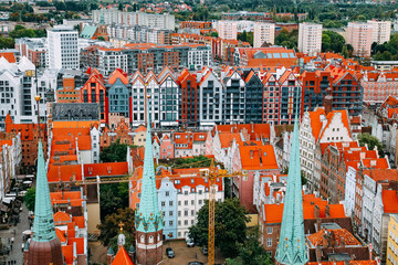 Gdansk, Poland, 15.09.2019: Beautiful view of the old European city of Poland Gdansk. Top view of streets and houses with red roofs