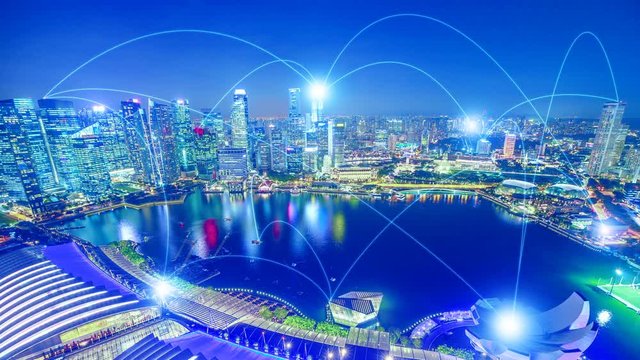 The concept of digital wifi connection and virtual connectivity in 5G between companies of a city. The financial district of a modern city skyline with electromagnetic pollution with connection lines.