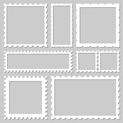 Blank rectangle and square postage stamps, with a shadow isolated on gray background. Empty template  paper mark symbol of delivery correspondence. Vector frame border