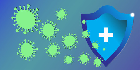 Security shield for virus protection. Coronavirus, 2019-nCoV safety concept made by low polygonal wireframe mesh on blue background. Shield and virus cells. Vaccine, medicine, antibiotic. Vector
