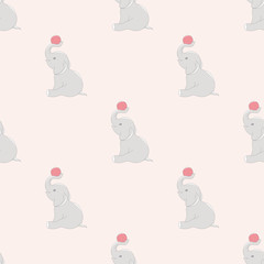 Elephant with ball cute seamless pattern.Cartoon elephant background for kids. Vector illustration.