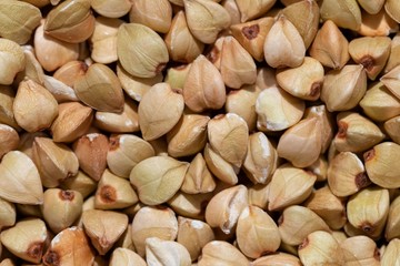Solid background of raw buckwheat macro