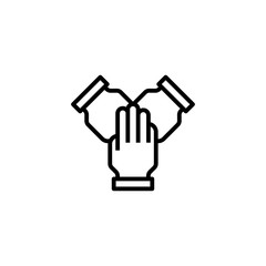 Together icon. Three hands support each other. Concept of teamwork vector symbol. Vector illustration